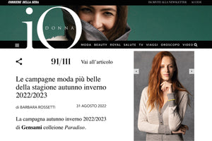 La campagna autunno inverno 22 di Gensami collezione Paradiso menzionato tra le campagne moda più belle della stagione autunno inverno 2022/2023 sul IO Donna.