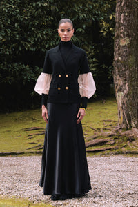 Double-breasted tulle sleeve tailored blazer