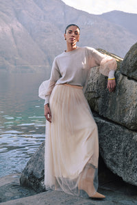Tulle sleeve tailored sweater
