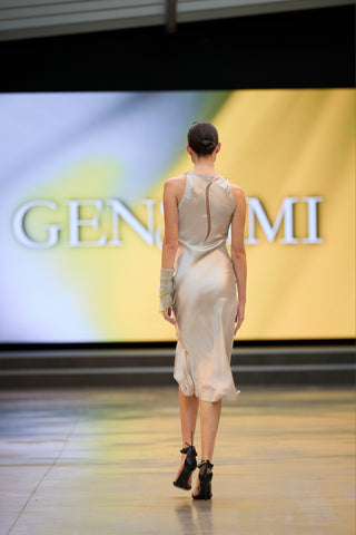 Midi silk dress with open back logo