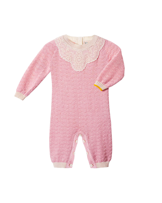 Wave-stitch baby girl long romper with lace details